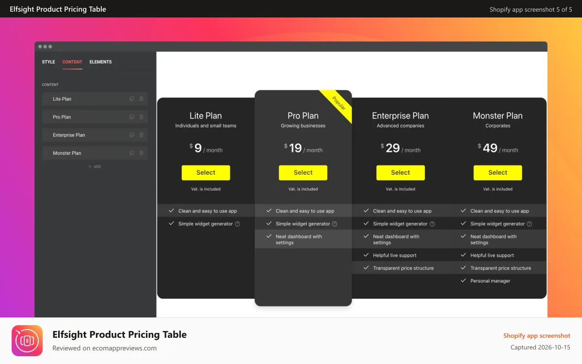 Elfsight Product Pricing Table Shopify app screenshot: Add or hide pricing elements, choose their style and color