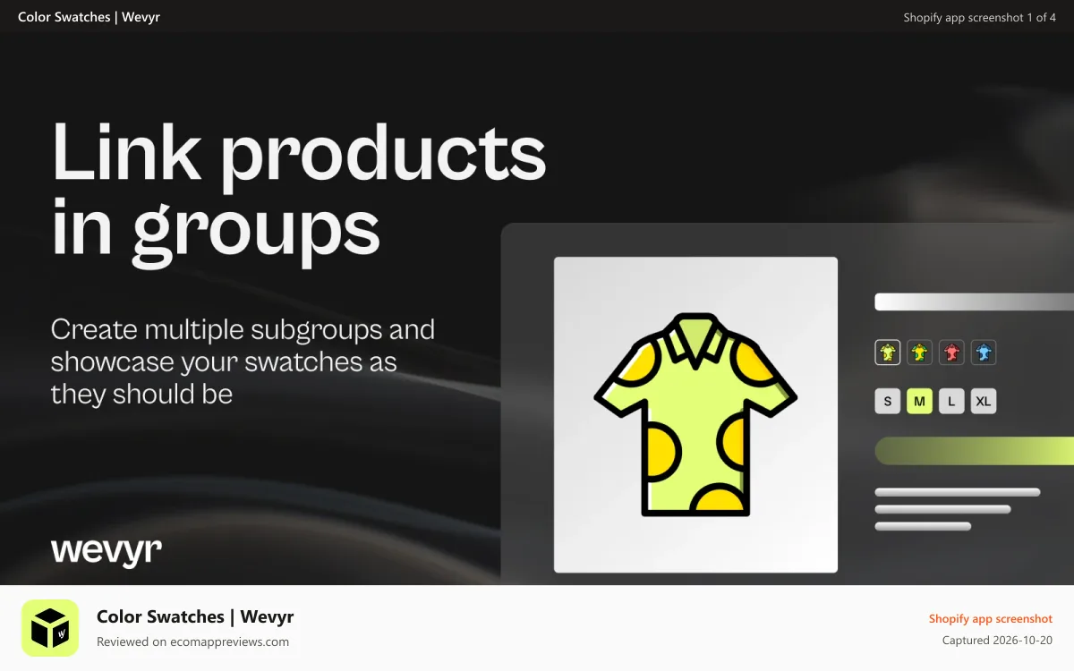 Color Swatches | Wevyr Shopify app screenshot: Combined Listings: Multi-Level Groups & Swatches for Shopify