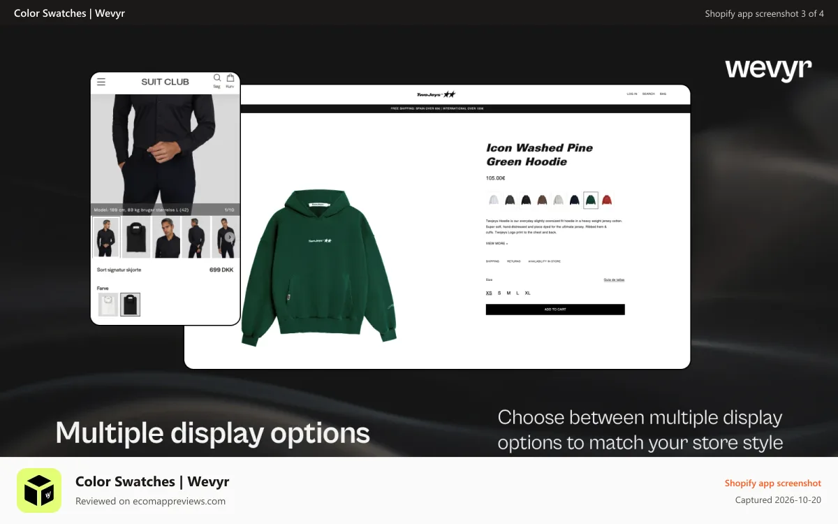 Color Swatches | Wevyr Shopify app screenshot: Prime Swatches multiple color swatch display options