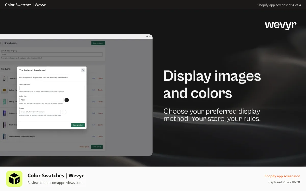Color Swatches | Wevyr Shopify app screenshot: Prime Swatches fully responsive color swatches