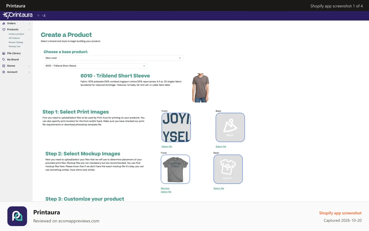Printaura Shopify app screenshot: Product creation interface