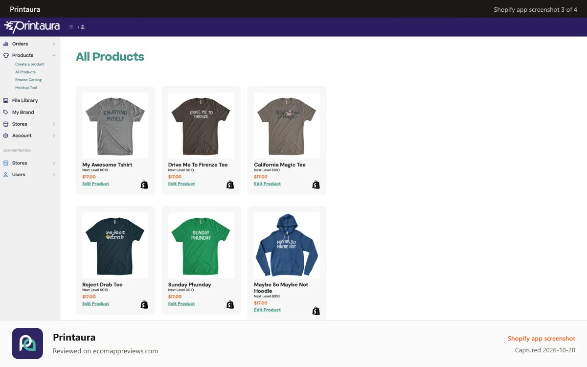 Printaura Shopify app screenshot: MANAGE PRODUCTS PAGE