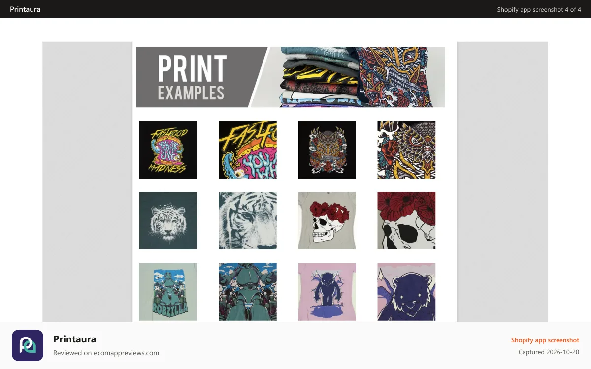 Printaura Shopify app screenshot: PRINT EXAMPLES