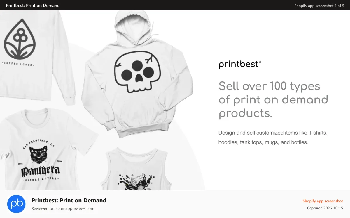 Printbest: Print on Demand Shopify app screenshot: Sell over 100 types of print on demand products