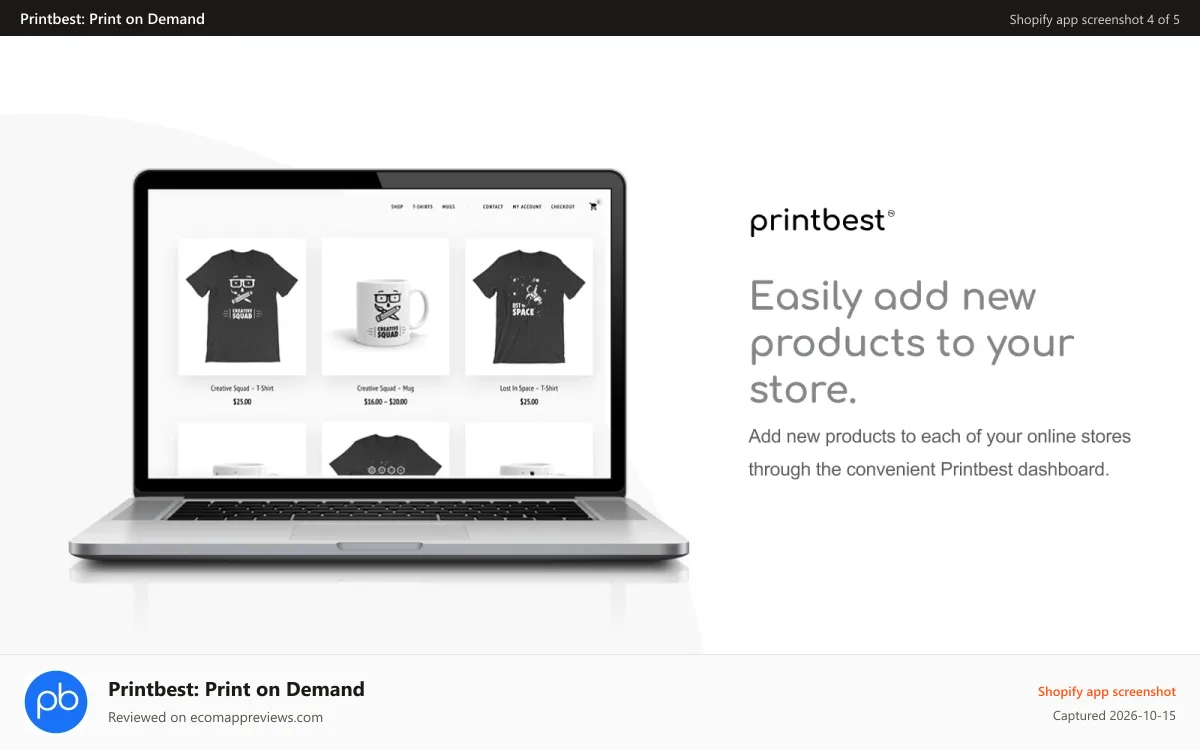 Printbest: Print on Demand Shopify app screenshot: Easily add new products to your store