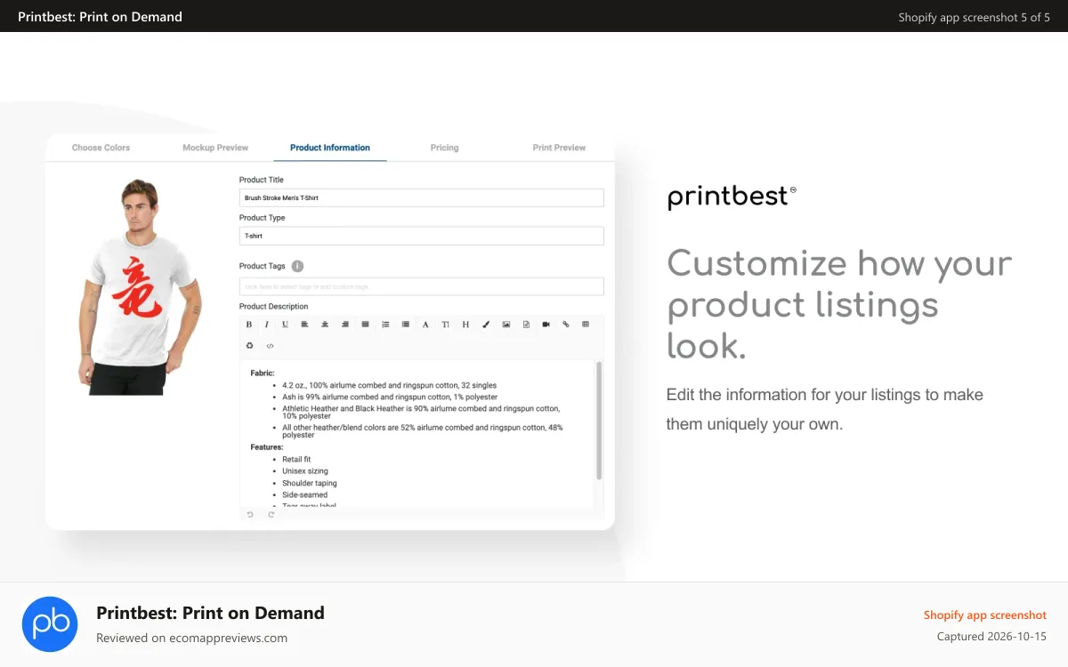 Printbest: Print on Demand Shopify app screenshot: Customize how your product listings look