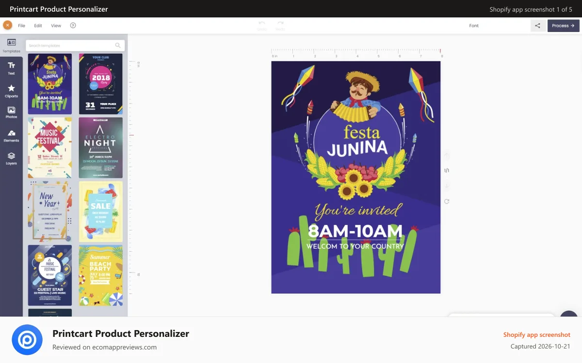 Printcart Product Personalizer Shopify app screenshot: online design template