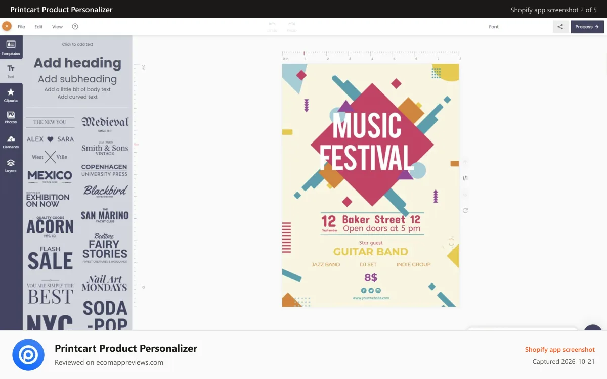 Printcart Product Personalizer Shopify app screenshot: online design text fonts
