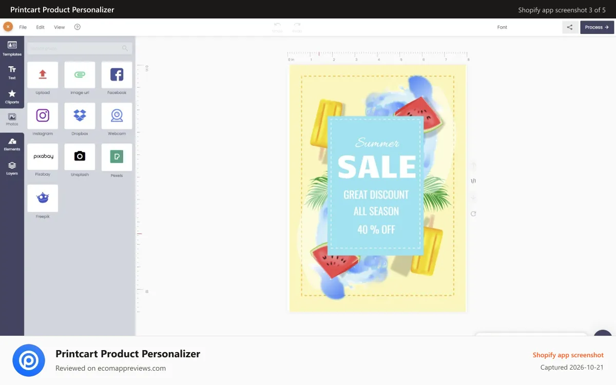 Printcart Product Personalizer Shopify app screenshot: online design photos