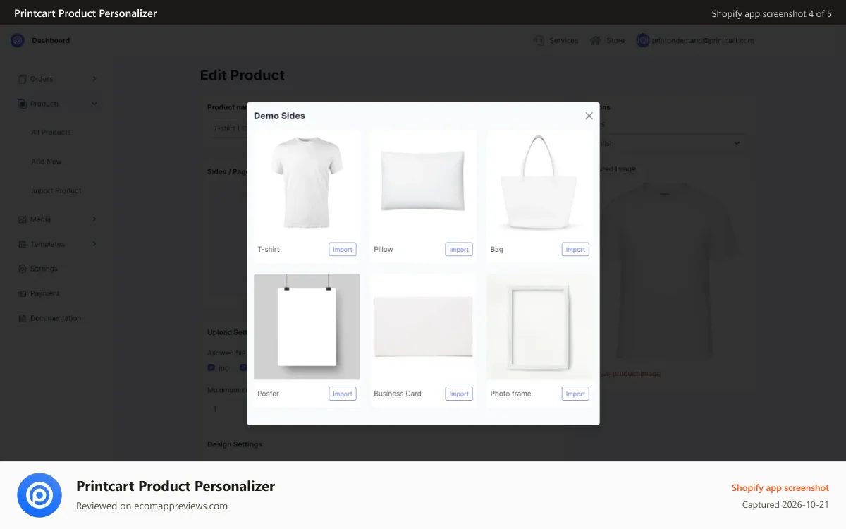 Printcart Product Personalizer Shopify app screenshot: Printcart dashboard- Demo side