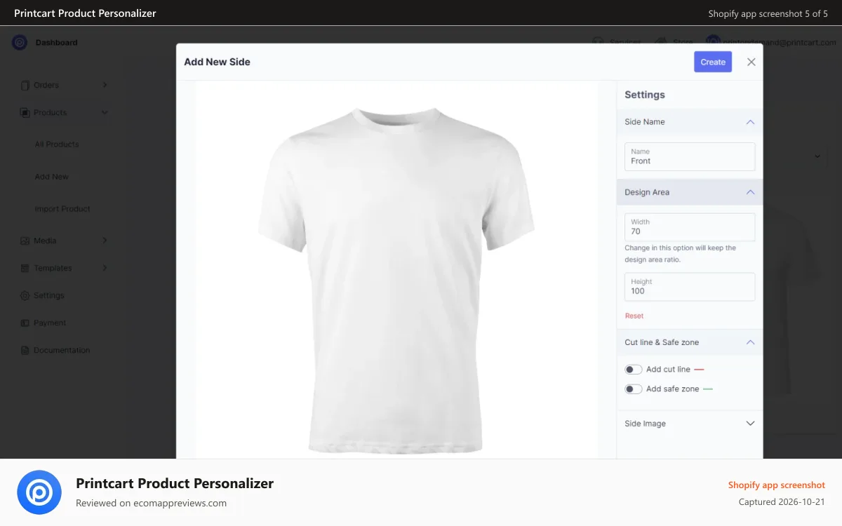 Printcart Product Personalizer Shopify app screenshot: Printcart dashboard- setup side
