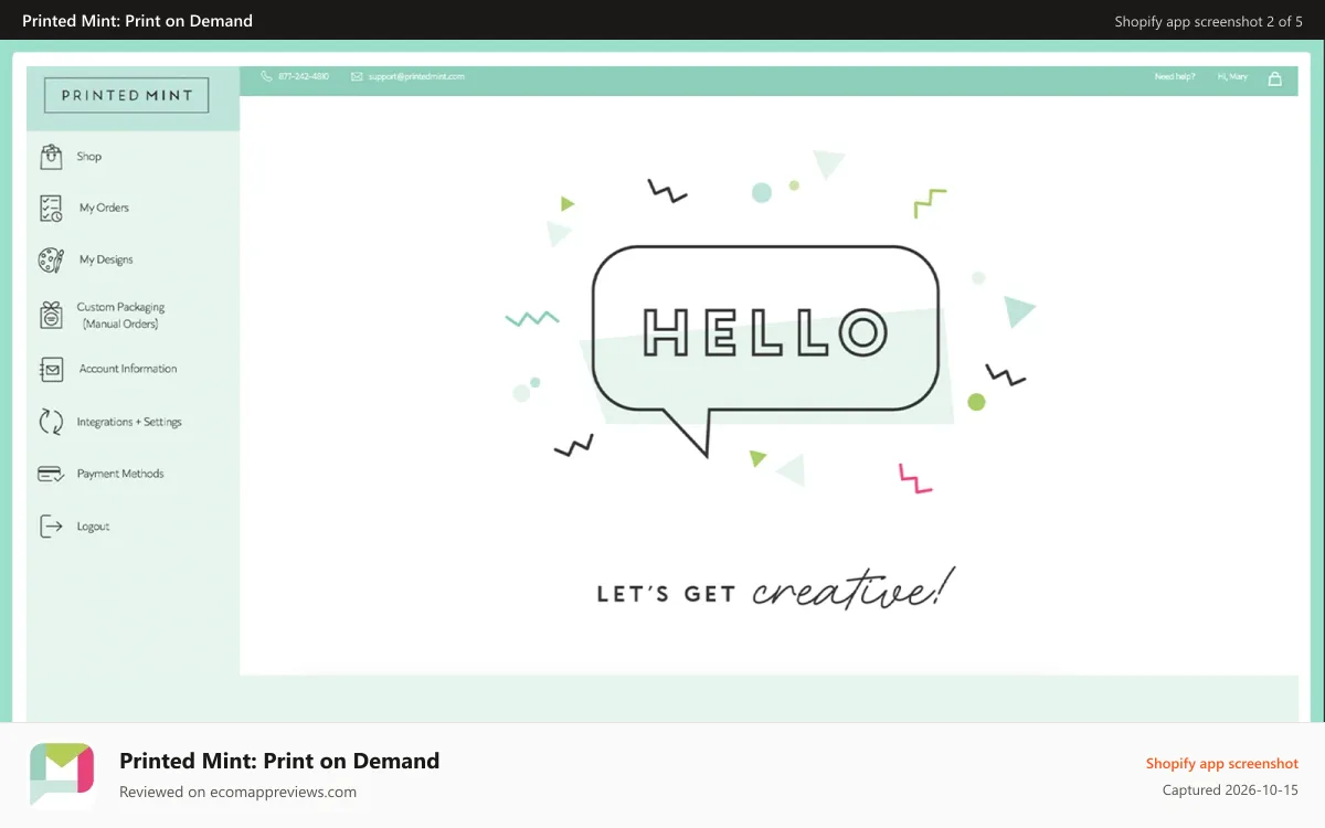 Printed Mint: Print on Demand Shopify app screenshot: Printed Mint Account Dashboard