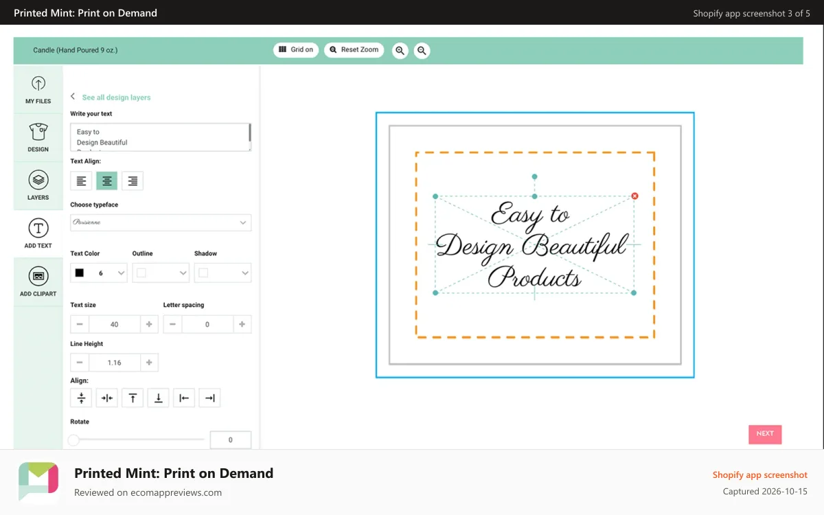 Printed Mint: Print on Demand Shopify app screenshot: Product Designer Create Endless Designs.