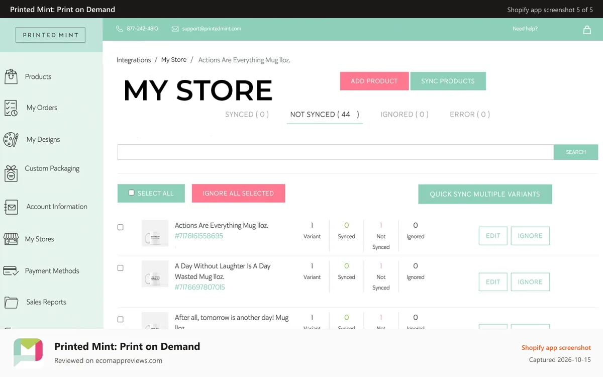 Printed Mint: Print on Demand Shopify app screenshot: Sync Products Quickly using the Quick Sync Feature