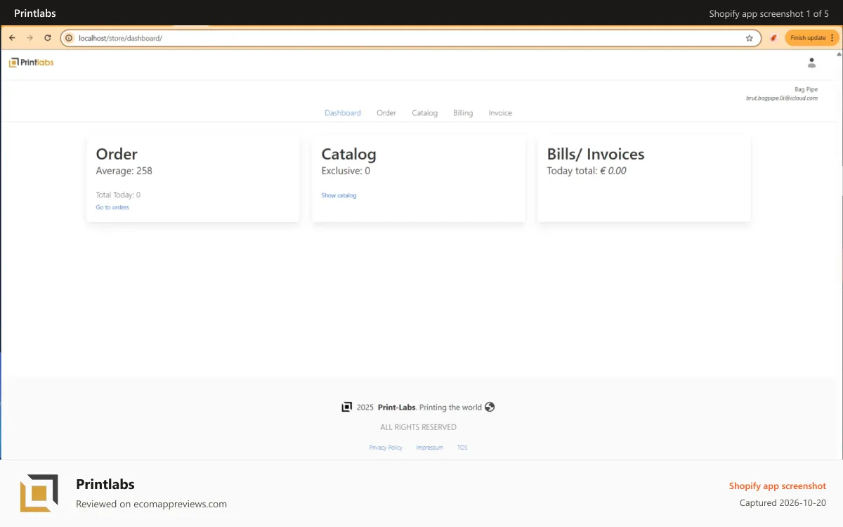 Printlabs Shopify app screenshot: Dashboard