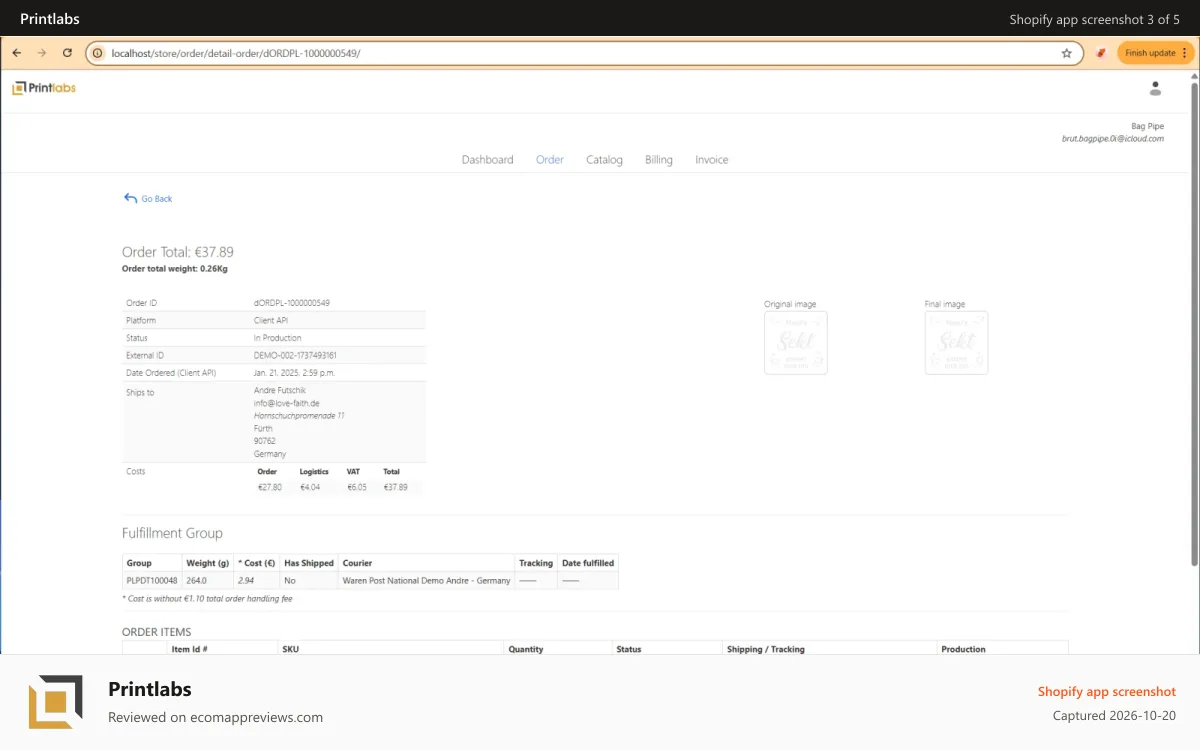 Printlabs Shopify app screenshot: Detailed order