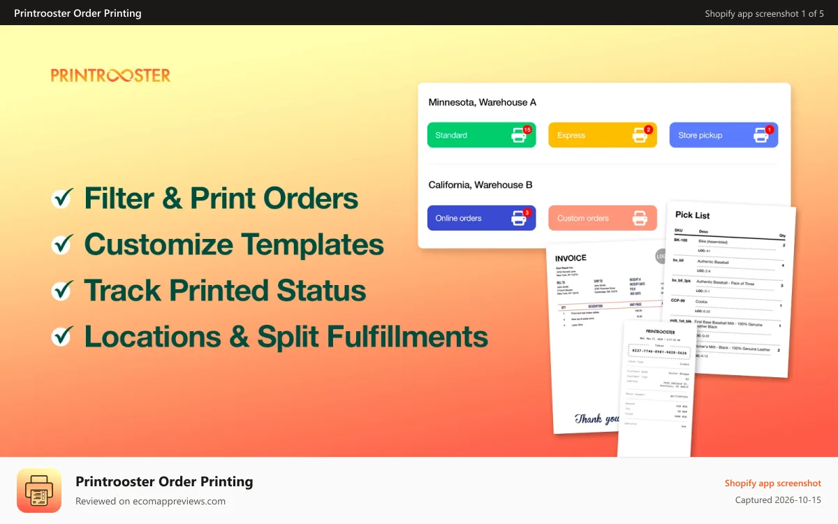 Printrooster Order Printing Shopify app screenshot: Print orders & fulfillments the way you need