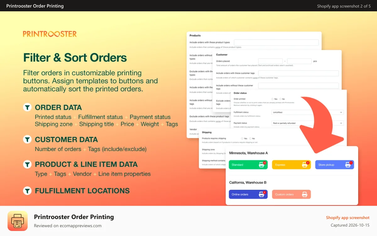 Printrooster Order Printing Shopify app screenshot: Filter & sort orders to printing buttons