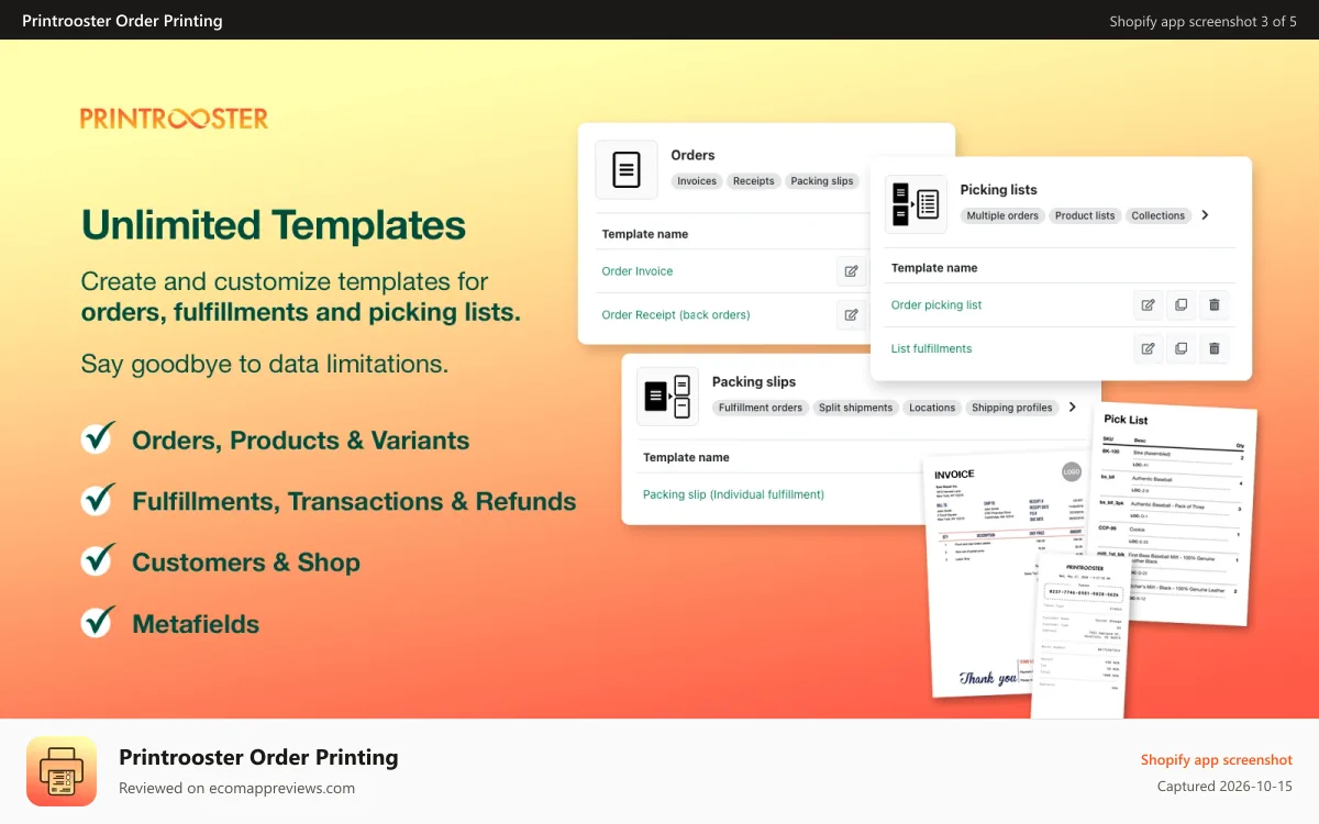 Printrooster Order Printing Shopify app screenshot: Unlimited order, packing slip & picking list templates