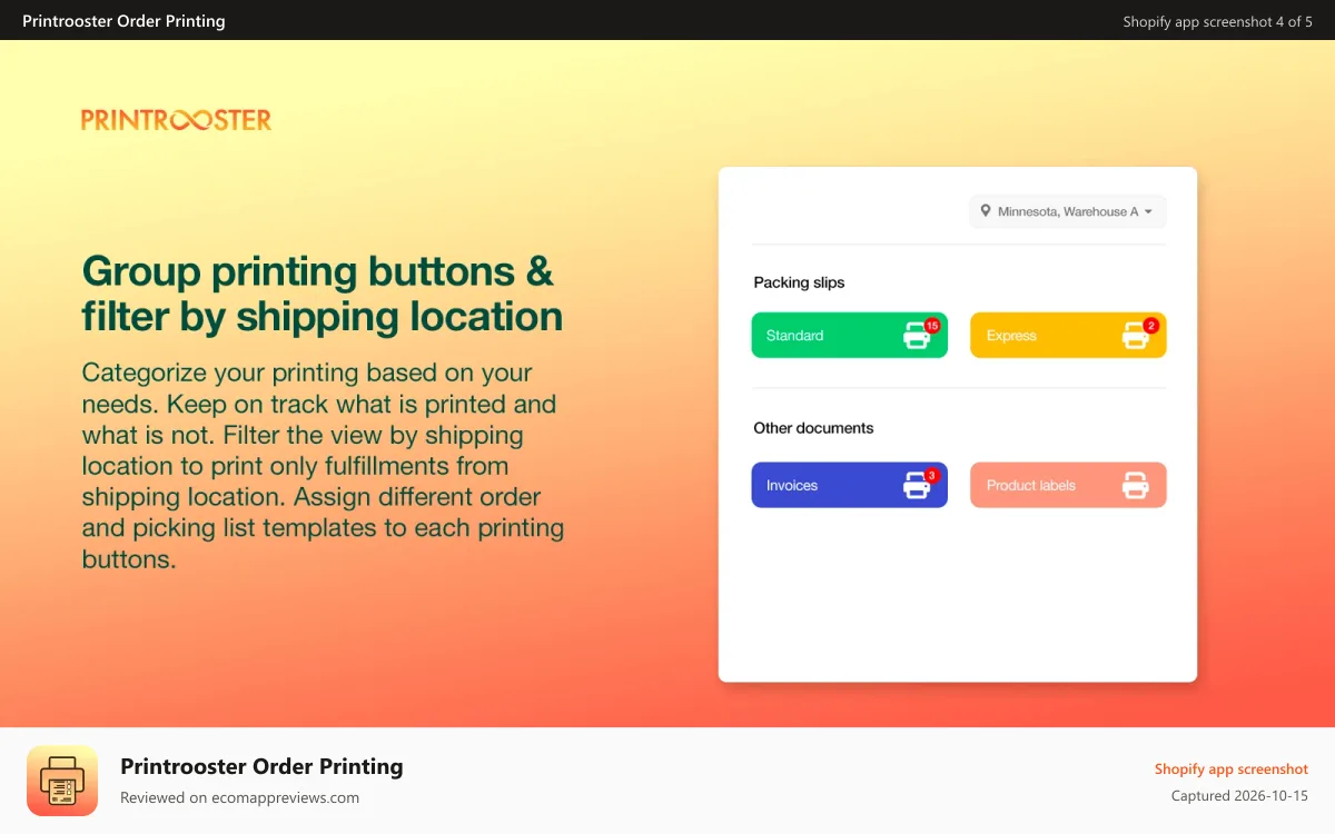 Printrooster Order Printing Shopify app screenshot: Group buttons & Filter by location