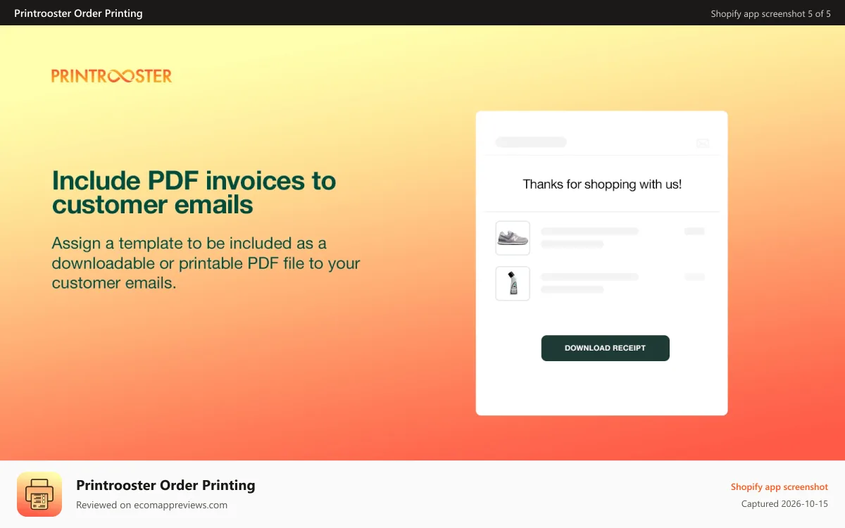 Printrooster Order Printing Shopify app screenshot: Add PDF invoices to your customer emails