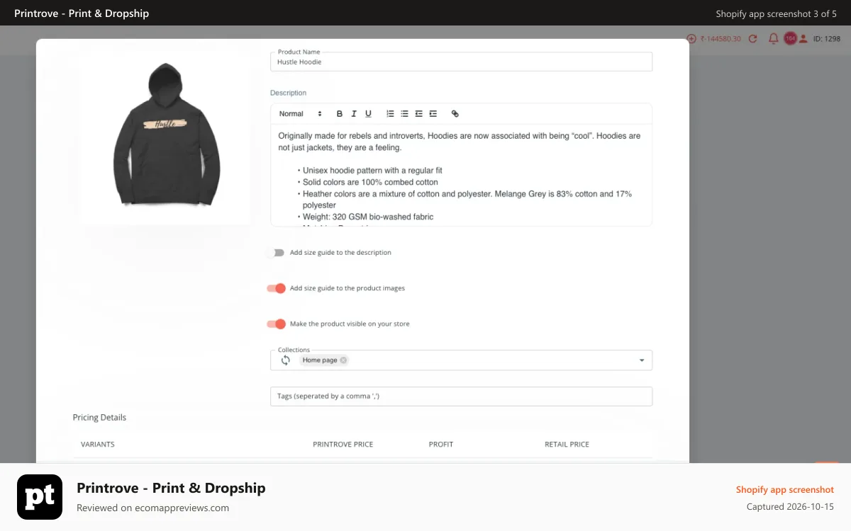 Printrove ‑ Print & Dropship Shopify app screenshot: Push products to your store in a few clicks