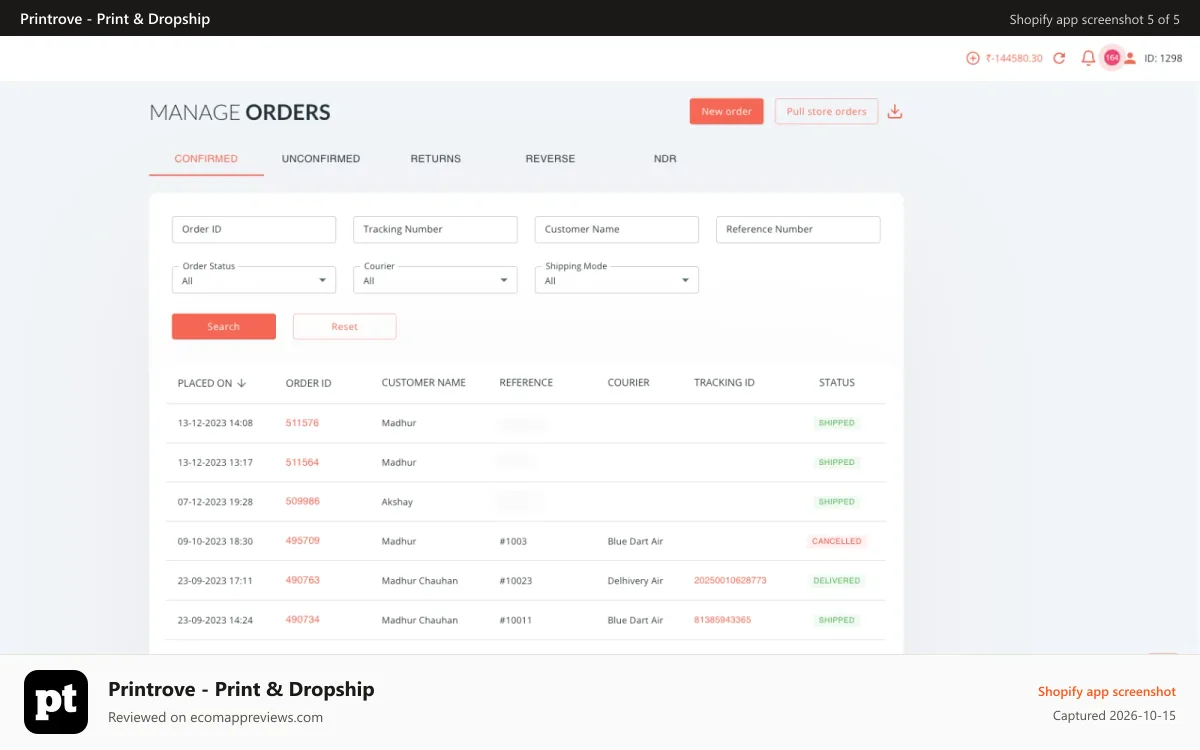 Printrove ‑ Print & Dropship Shopify app screenshot: Easily manage your orders and view tracking details