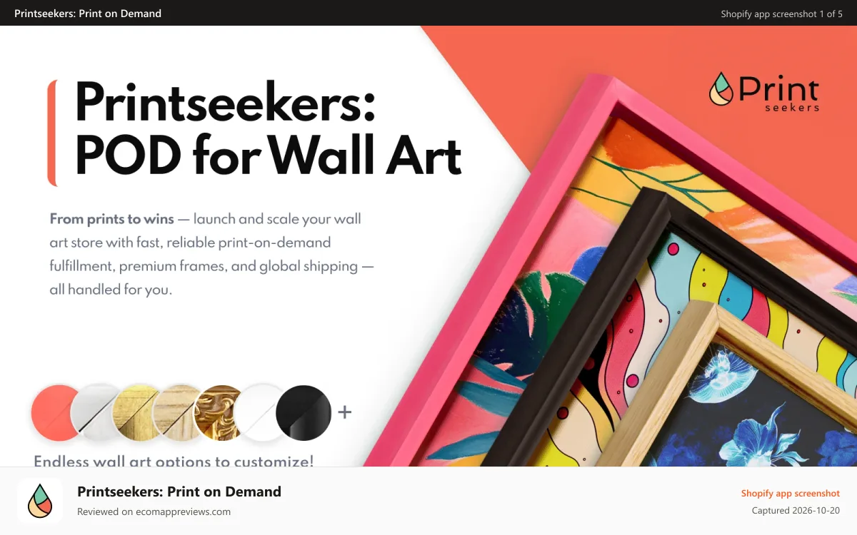 Printseekers: Print on Demand Shopify app screenshot: Framed samples in multiple colors with custom print options