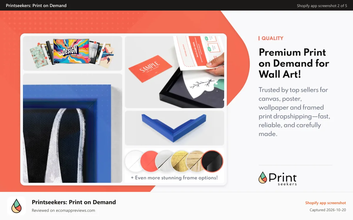 Printseekers: Print on Demand Shopify app screenshot: Canvas and poster samples with frame colors and formats