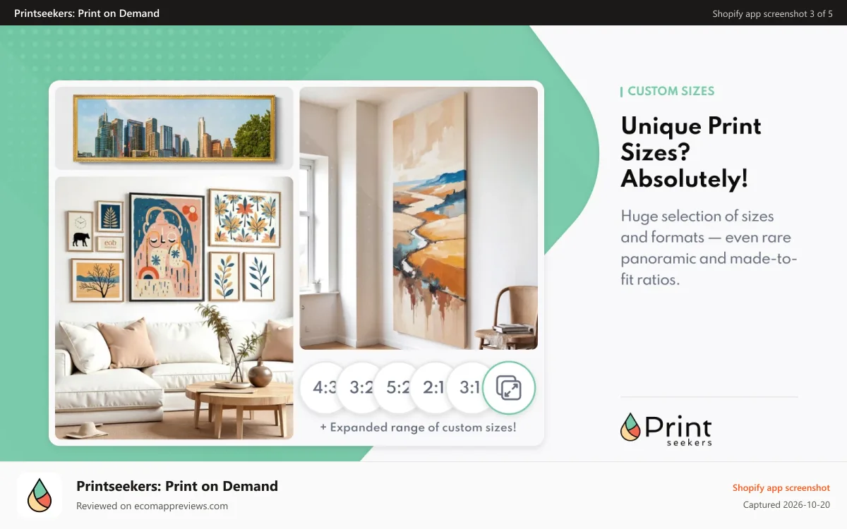 Printseekers: Print on Demand Shopify app screenshot: Wall art shown in various frame sizes and aspect ratios