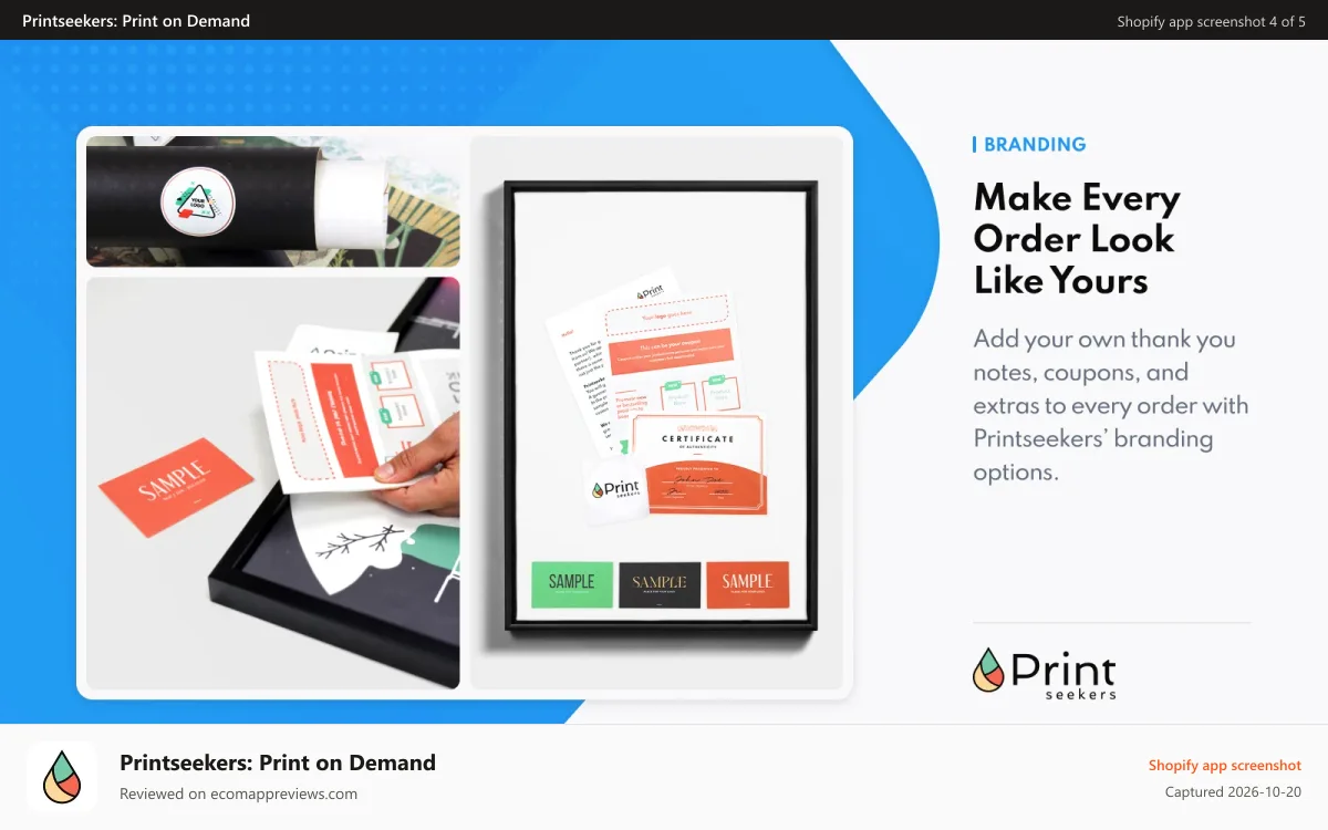 Printseekers: Print on Demand Shopify app screenshot: Custom branding, inserts, cards, and print-on-demand wall art