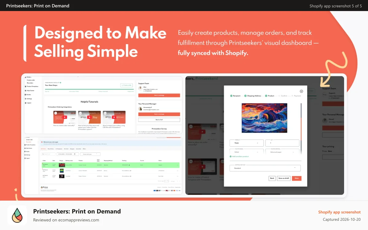 Printseekers: Print on Demand Shopify app screenshot: Printseekers dashboard with product and ordering tools