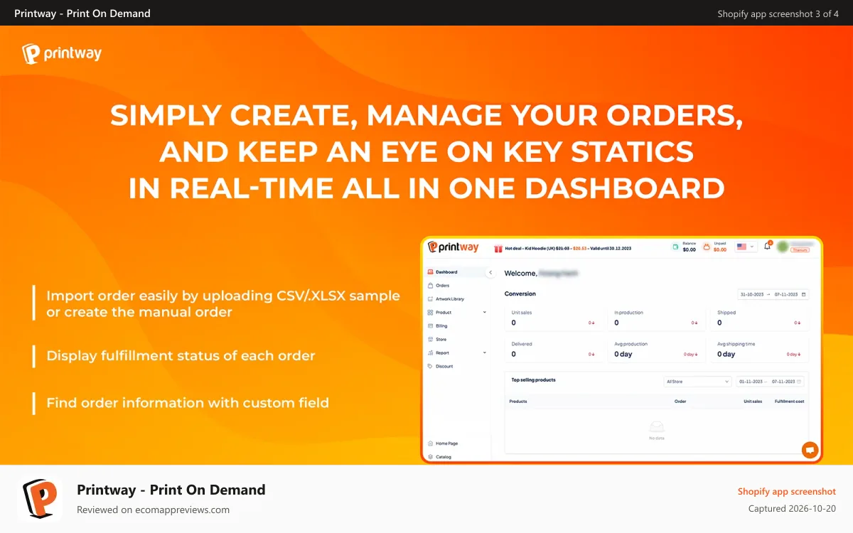 Printway ‑ Print On Demand Shopify app screenshot: simply manage orders