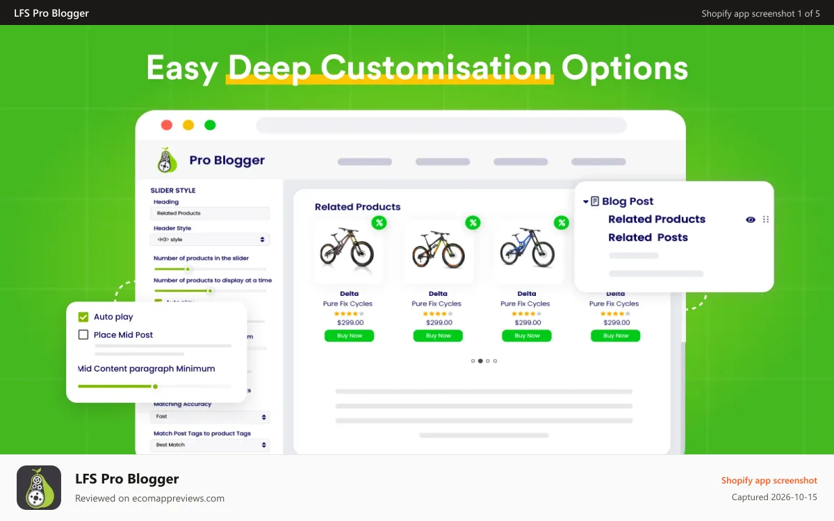 LFS Pro Blogger Shopify app screenshot: Easy install and deep customisation