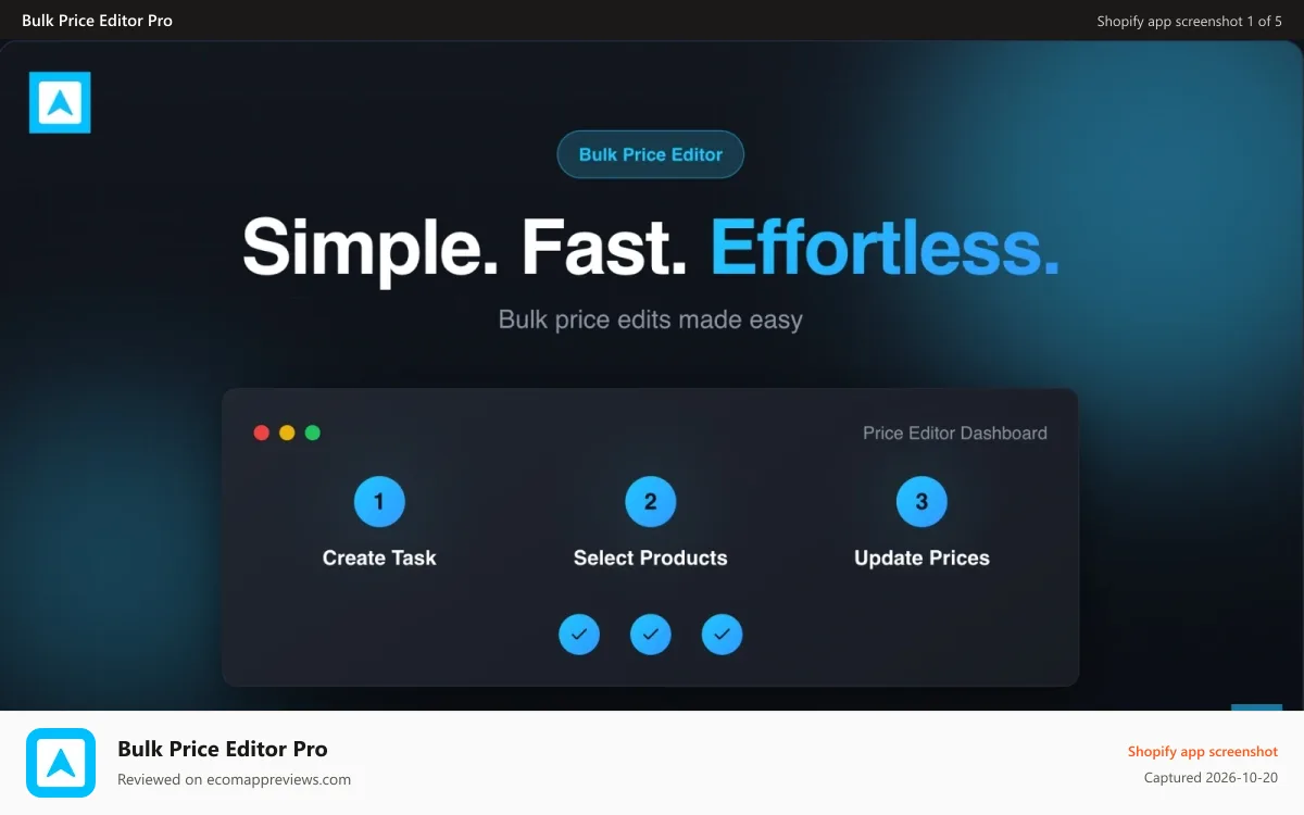 Bulk Price Editor Pro Shopify app screenshot: Simple fast effortless bulk price editing workflow