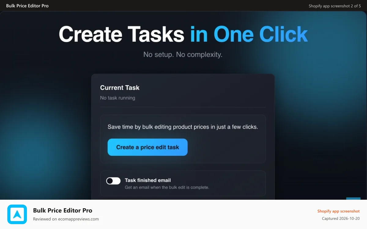 Bulk Price Editor Pro Shopify app screenshot: Create bulk price edit tasks in one click interface