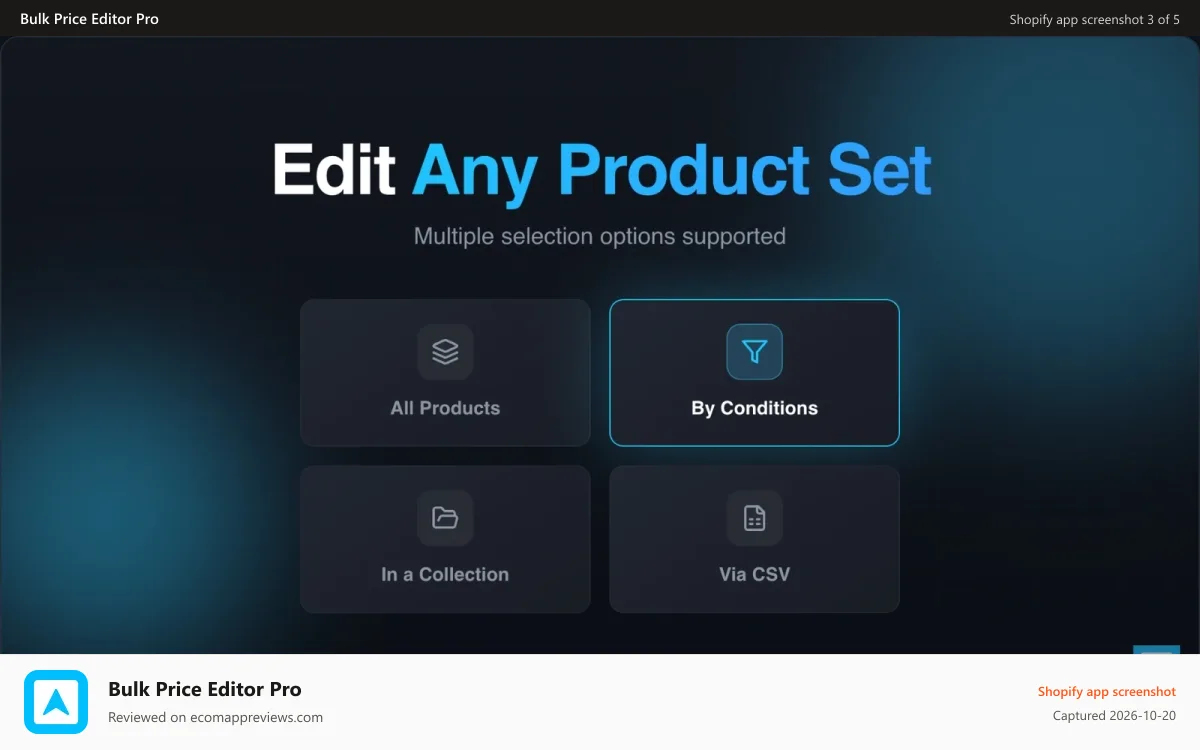 Bulk Price Editor Pro Shopify app screenshot: Edit products by collection, CSV or conditions