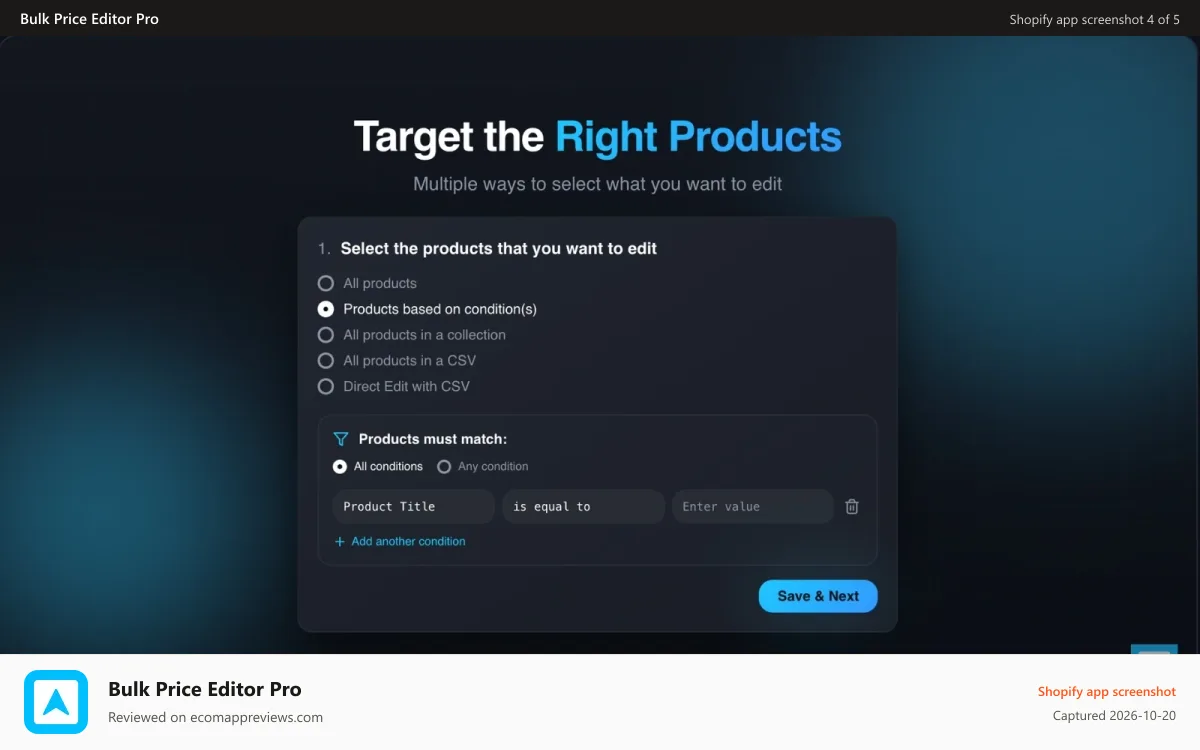 Bulk Price Editor Pro Shopify app screenshot: Target products with advanced filter conditions
