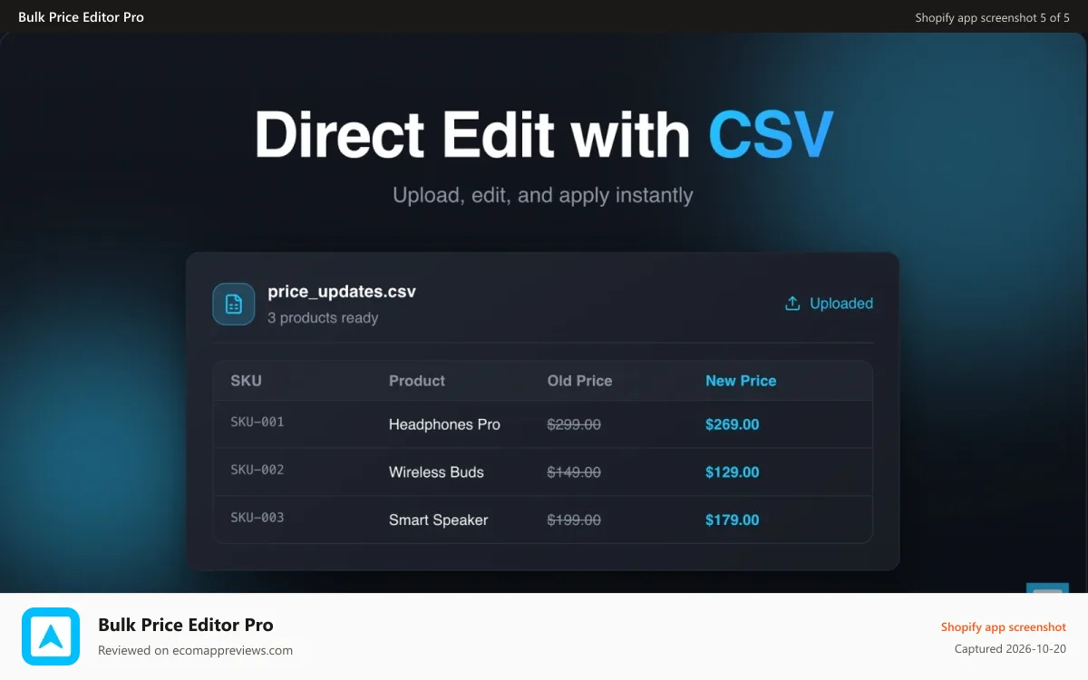 Bulk Price Editor Pro Shopify app screenshot: Direct CSV bulk price edit with instant upload
