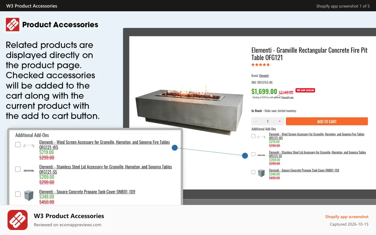 W3 Product Accessories Shopify app screenshot: Product Accessories on desktop