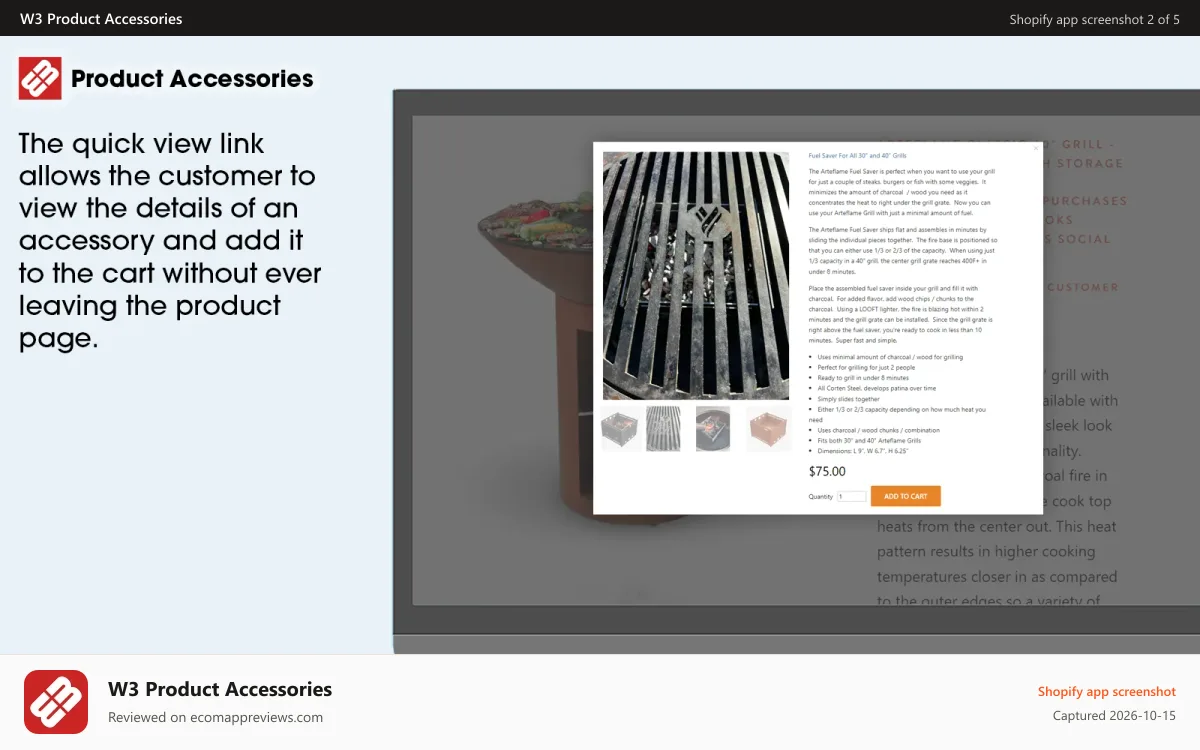 W3 Product Accessories Shopify app screenshot: Product Accessories quick view on desktop