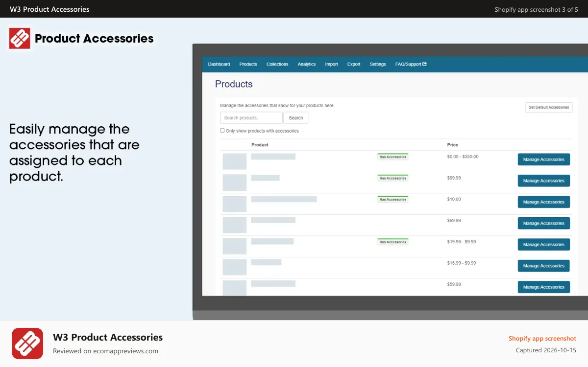 W3 Product Accessories Shopify app screenshot: Product Accessories manage accessories