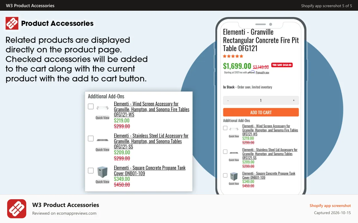 W3 Product Accessories Shopify app screenshot: Product Accessories on mobile