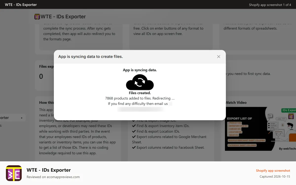 WTE ‑ IDs Exporter Shopify app screenshot: Sync product data