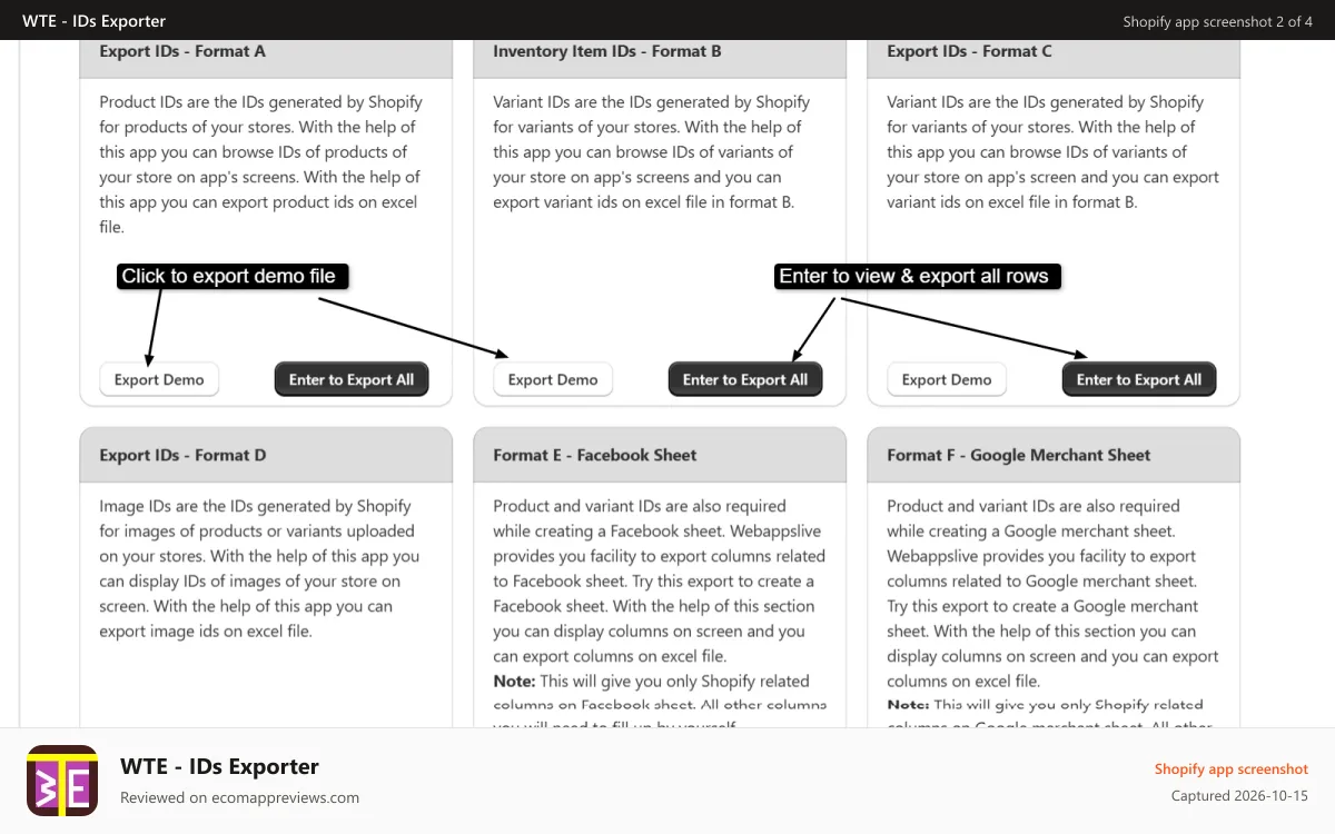 WTE ‑ IDs Exporter Shopify app screenshot: Export demo fles