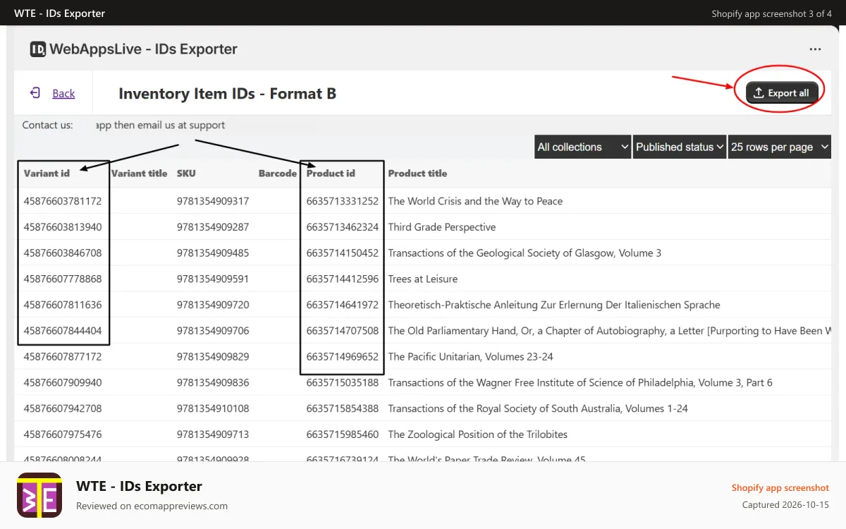 WTE ‑ IDs Exporter Shopify app screenshot: Product & Variant IDs