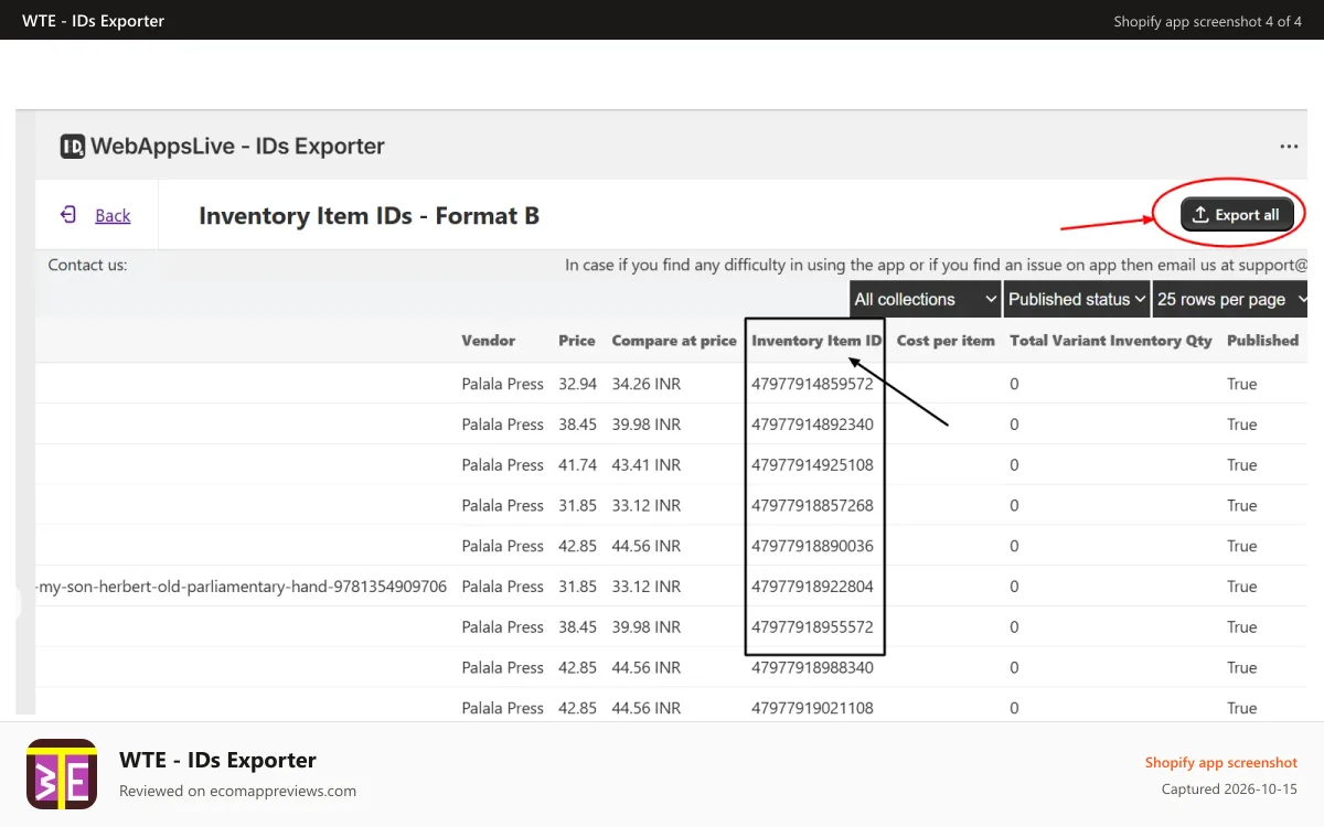 WTE ‑ IDs Exporter Shopify app screenshot: Inventory item IDs