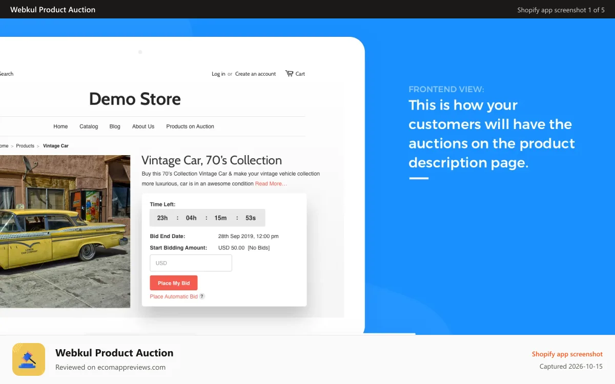 Webkul Product Auction Shopify app screenshot: auction on store front