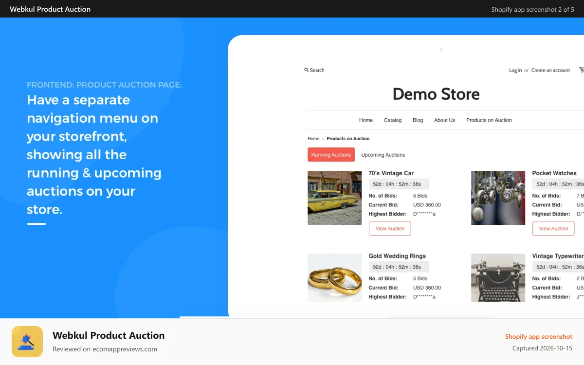 Webkul Product Auction Shopify app screenshot: auction page
