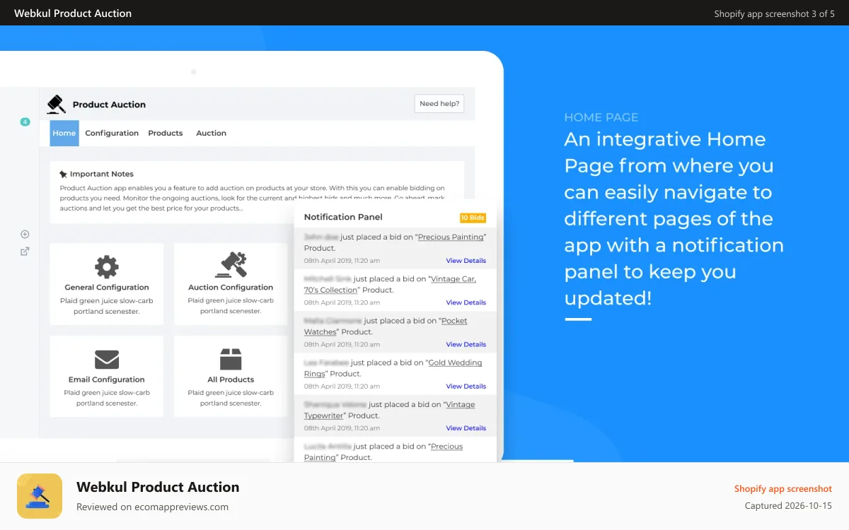 Webkul Product Auction Shopify app screenshot: auction home page backend